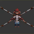 Four Armed Ape Like Creature in Decorative Warrior Attire Holding Weapons on Gray Background