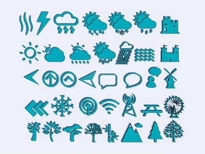 Various Blue Icons Collection Featuring Weather Nature and Recreation Symbols 3d model