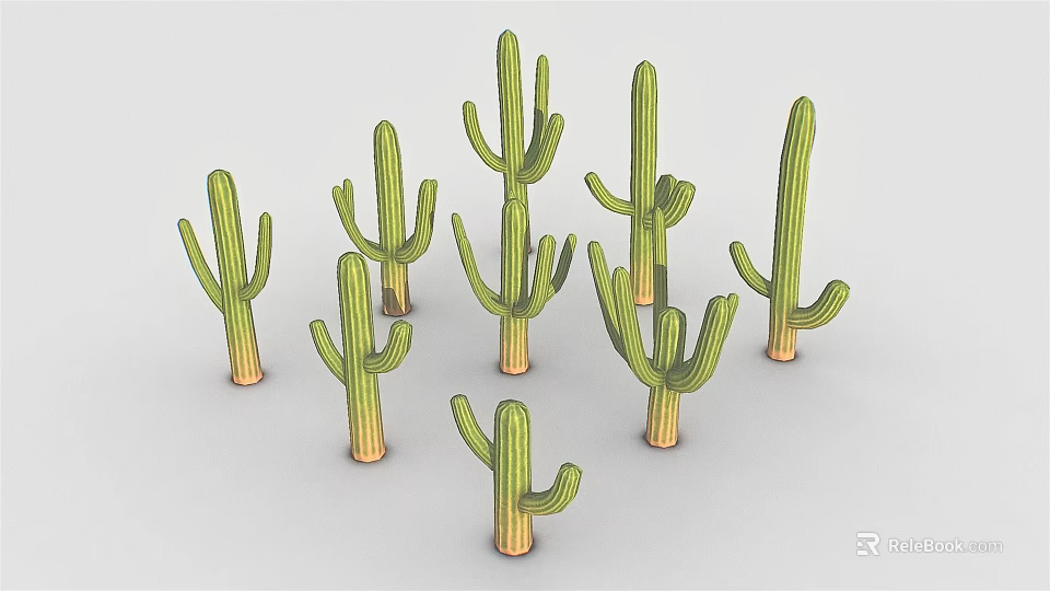 Green Cacti with Different Heights and Shapes on Light Gray Background 3d model