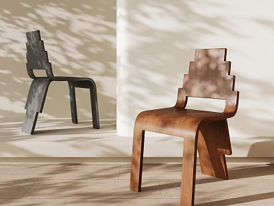Modern Geometric Dining Chairs In Black And Brown Wooden Design With Natural Light Shadows 3d model