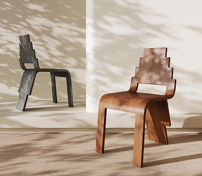 Modern Geometric Dining Chairs In Black And Brown Wooden Design With Natural Light Shadows 3d model