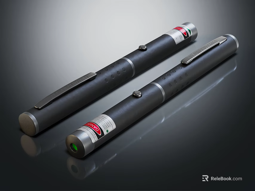 Two Black Laser Pens with Metal Body Silver Accents Red Warning Labels and Green Light 3d model 