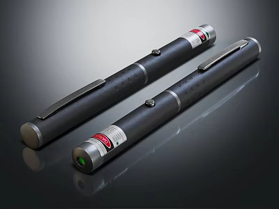 Two Black Laser Pens with Metal Body Silver Accents Red Warning Labels and Green Light 3d model