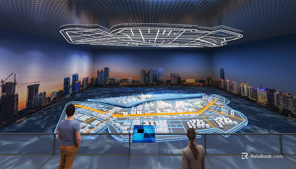 Exhibition Hall With Interactive Urban Planning Projection Model Visitors Viewing And Ceiling Lighting Design 3d model 