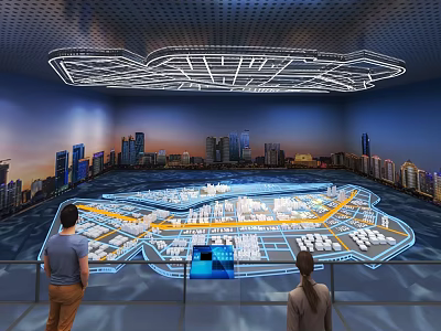 Exhibition Hall With Interactive Urban Planning Projection Model Visitors Viewing And Ceiling Lighting Design 3d model