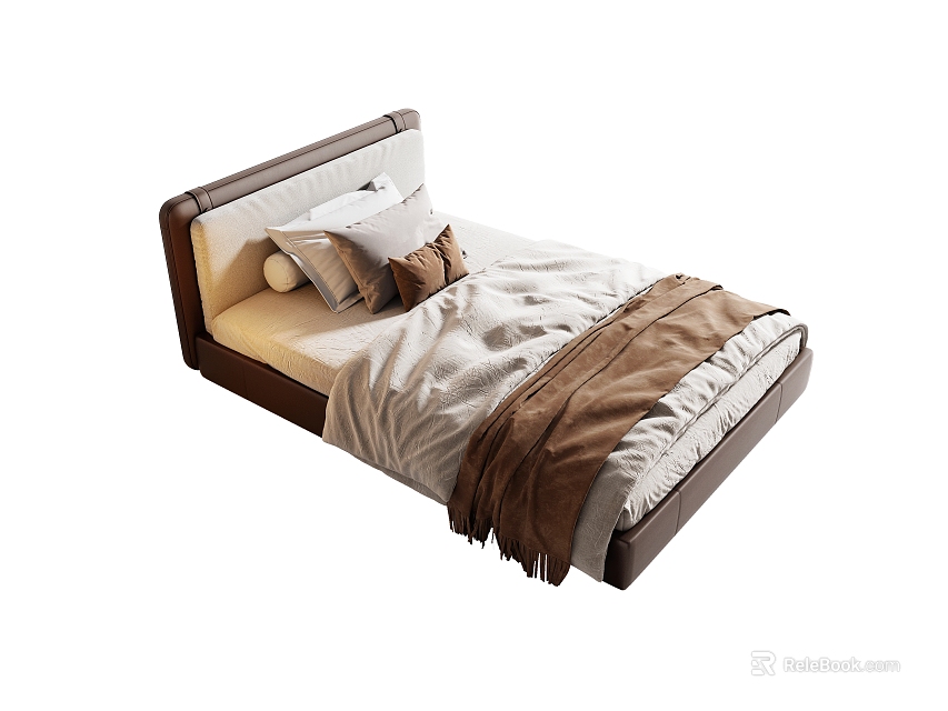 Modern Single Bed With Brown And White Upholstered Headboard And Cozy Bedding 3d model 