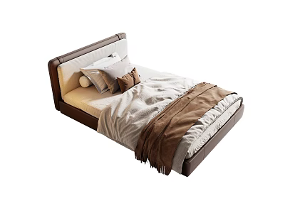 Modern Single Bed With Brown And White Upholstered Headboard And Cozy Bedding 3d model