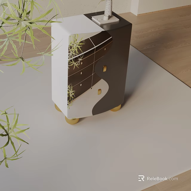 Modern Entryway Console Cabinet With White Dark Wood Design Gold Legs And Green Plant Decor 3d model 