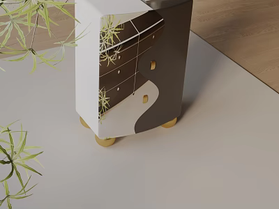 Modern Entryway Console Cabinet With White Dark Wood Design Gold Legs And Green Plant Decor 3d model