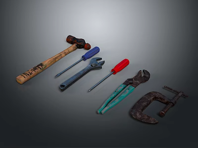 Industrial Equipment Manual Tools Set Including Hammer Wrench Screwdriver Pliers And G Clamp 3d model