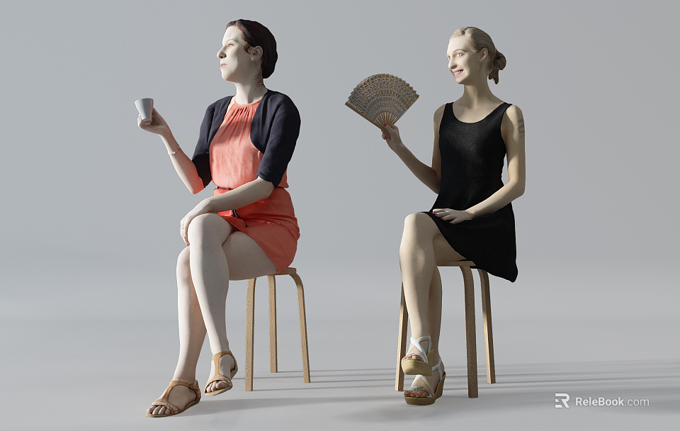 Two Women Sitting On Wooden Stools With Cup And Fan 3d model 