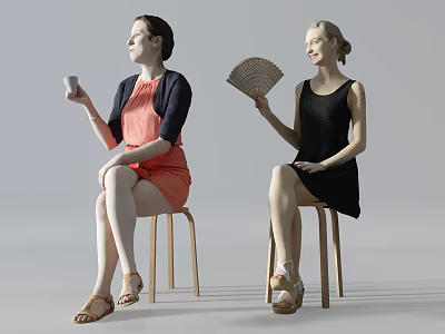 Two Women Sitting On Wooden Stools With Cup And Fan 3d model