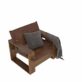 Brown Leather Leisure Chair With Wooden Frame Striped Pillow And Gray Throw Blanket