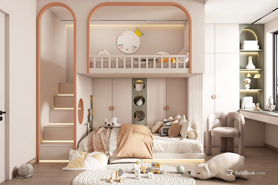 Elegant Kids Room Interior With Bunk Bed Plush Toys Soft Lighting And Decorative Rugs 3d model 
