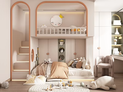 Elegant Kids Room Interior With Bunk Bed Plush Toys Soft Lighting And Decorative Rugs 3d model