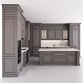 Dark Gray Classical Kitchen Cabinets With Carved Details Glass Doors And Marble Island