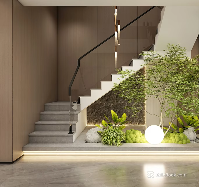 Elegant Modern Staircase Interior Featuring Glass Railing White Gray Steps Green Plants And Lighting Design 3d model 