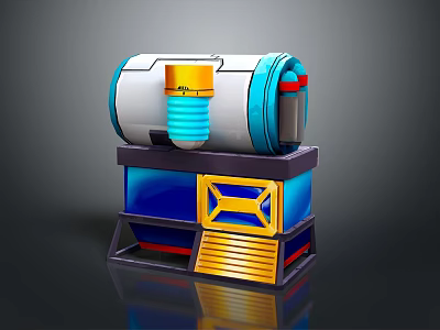 3D Rendered Mechanical Device With Silver Blue Cylindrical Body And Blue Yellow Square Base 3d model