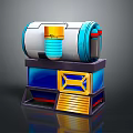 3D Rendered Mechanical Device With Silver Blue Cylindrical Body And Blue Yellow Square Base