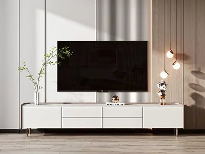 Modern White TV Stand With Wooden Striped Wall Decorations Vase And Ambient Lighting 3d model