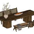Natural Wood Tea Table and Chairs with Woven Backrest Vase Branches Fruit Bowl Small Bench