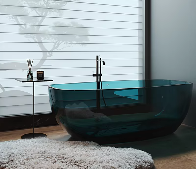 Modern Bathroom Interior With Transparent Teal Bathtub And Side Table 3d model