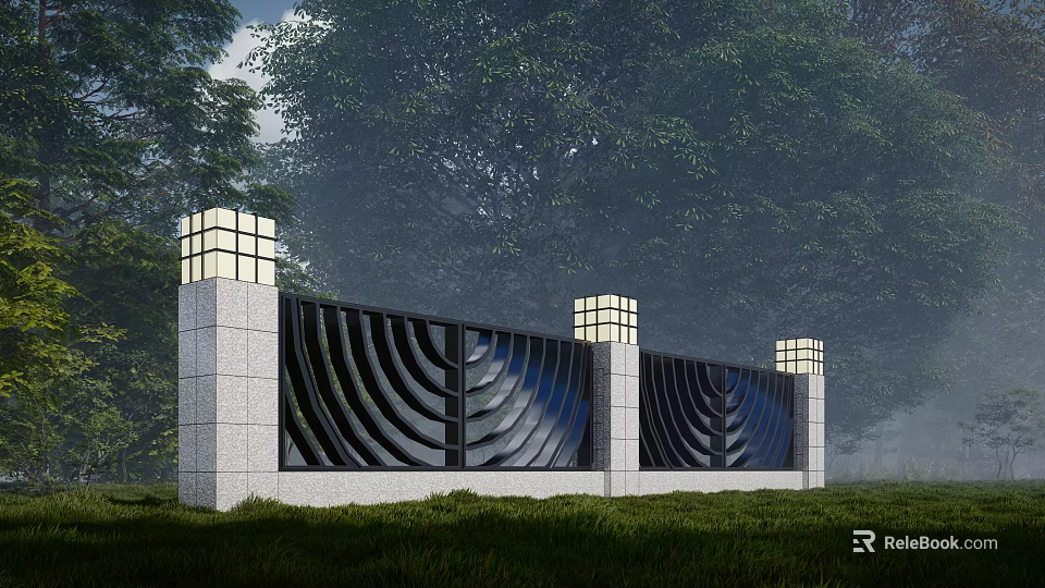 Building Facade with Black Curved Design Gray Stone Pillars Square Top Lights Green Trees 3d model 