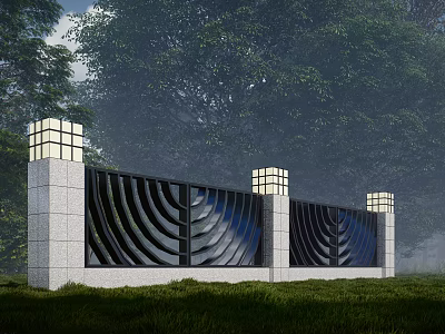 Building Facade with Black Curved Design Gray Stone Pillars Square Top Lights Green Trees 3d model