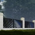 Building Facade with Black Curved Design Gray Stone Pillars Square Top Lights Green Trees