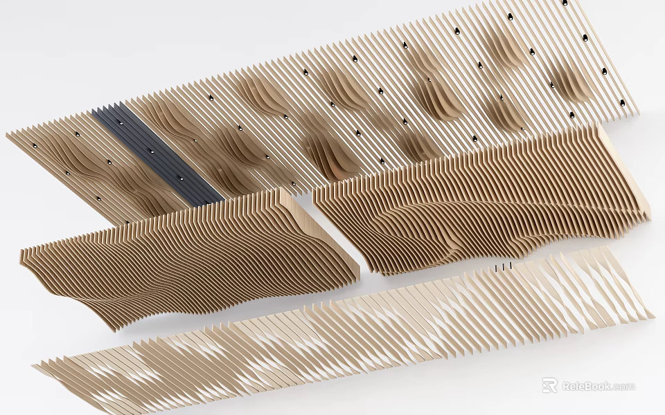 Modern Ceiling Design With Wavy Wooden Texture And Architectural Interior Elements 3d model 
