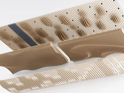 Modern Ceiling Design With Wavy Wooden Texture And Architectural Interior Elements 3d model