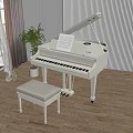White Grand Piano With Music Sheet And Stool On Wooden Floor By Window And Plant