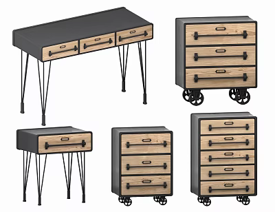 Varied Wooden Chest of Drawers with Wheels and Multiple Drawer Styles 3d model