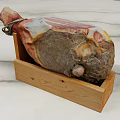 Traditional Cured Ham Leg in Wooden Box on Marble Surface