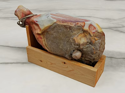 Traditional Cured Ham Leg in Wooden Box on Marble Surface 3d model