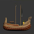 Ancient Wooden Sailing Boat Model With Decorative Bow And White Sail Structure
