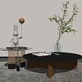 Modern Round Coffee Tables With Gold Metal Base Green Plant Vase Rabbit Figurine And Books