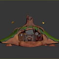 Cartoon Tree House Scene With Orange Trunk Green Leaves Butterflies And Mushrooms