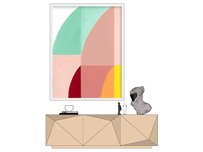 Modern Geometric Cabinet With Abstract Colorful Painting Dog Sculpture And Decorative Items 3d model