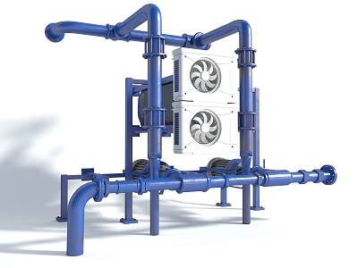 Blue Industrial Piping System with White Equipment and Dual Fans Complex Layout and Metal Supports 3d model