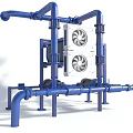 Blue Industrial Piping System with White Equipment and Dual Fans Complex Layout and Metal Supports