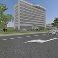 Modern High Rise Office Building With Glass Curtain Wall Landscaped Area Parking Lot And Entrance