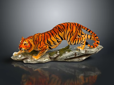 Realistic Tiger Statue Crouching Pose With Orange Black Stripes On Stone Base 3d model