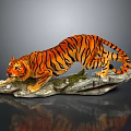 Realistic Tiger Statue Crouching Pose With Orange Black Stripes On Stone Base