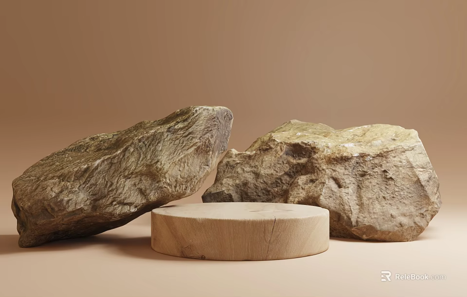 Natural Decorative Rocks With Round Wooden Disc On Beige Background 3d model 