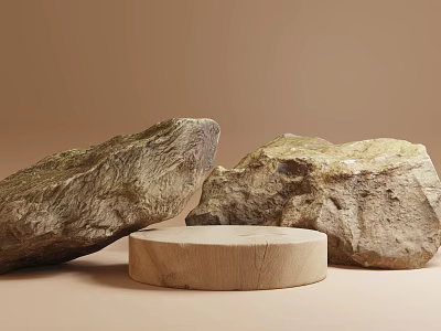 Natural Decorative Rocks With Round Wooden Disc On Beige Background 3d model
