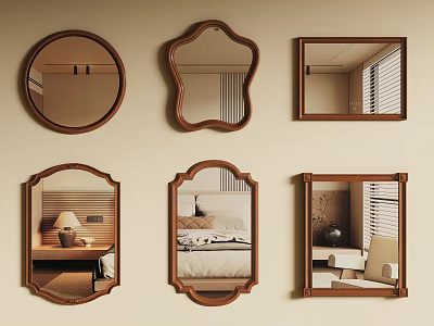 Different Shaped Wooden Framed Mirrors Reflecting Various Interior Room Scenes 3d model