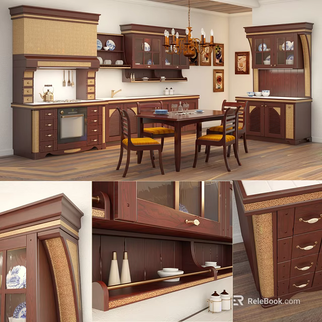 Classic Wooden Dining Table Set With Chairs Cabinets And Hanging Decorative Lamp 3d model 