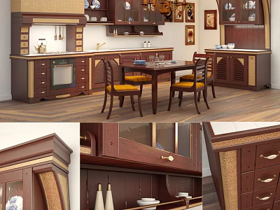 Classic Wooden Dining Table Set With Chairs Cabinets And Hanging Decorative Lamp 3d model