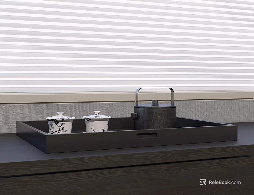Black Tray With Lidded White Cups And Black Kettle On Dark Countertop By White Blinds 3d model 